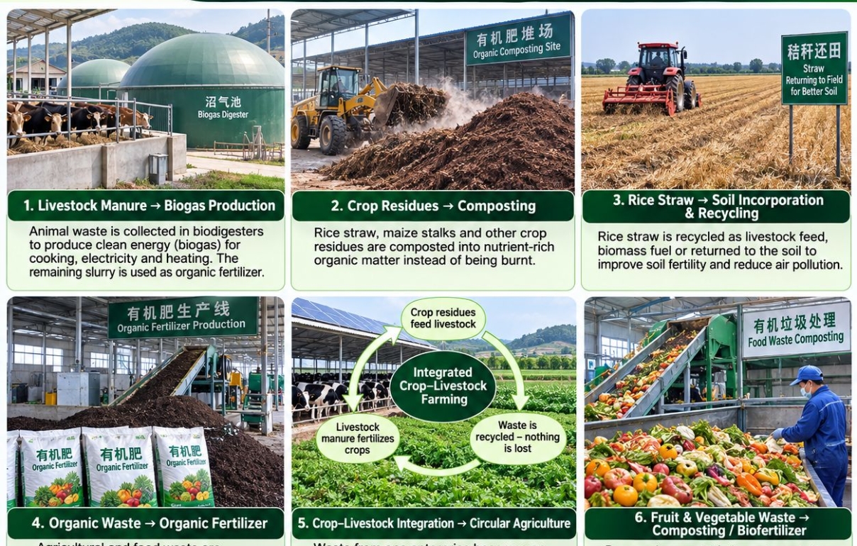 Six-panel infographic on circular agriculture: livestock manure to biogas, crop residues to compost, rice straw to soil, organic waste to fertiliser, integrated crop-livestock farming, and food waste composting