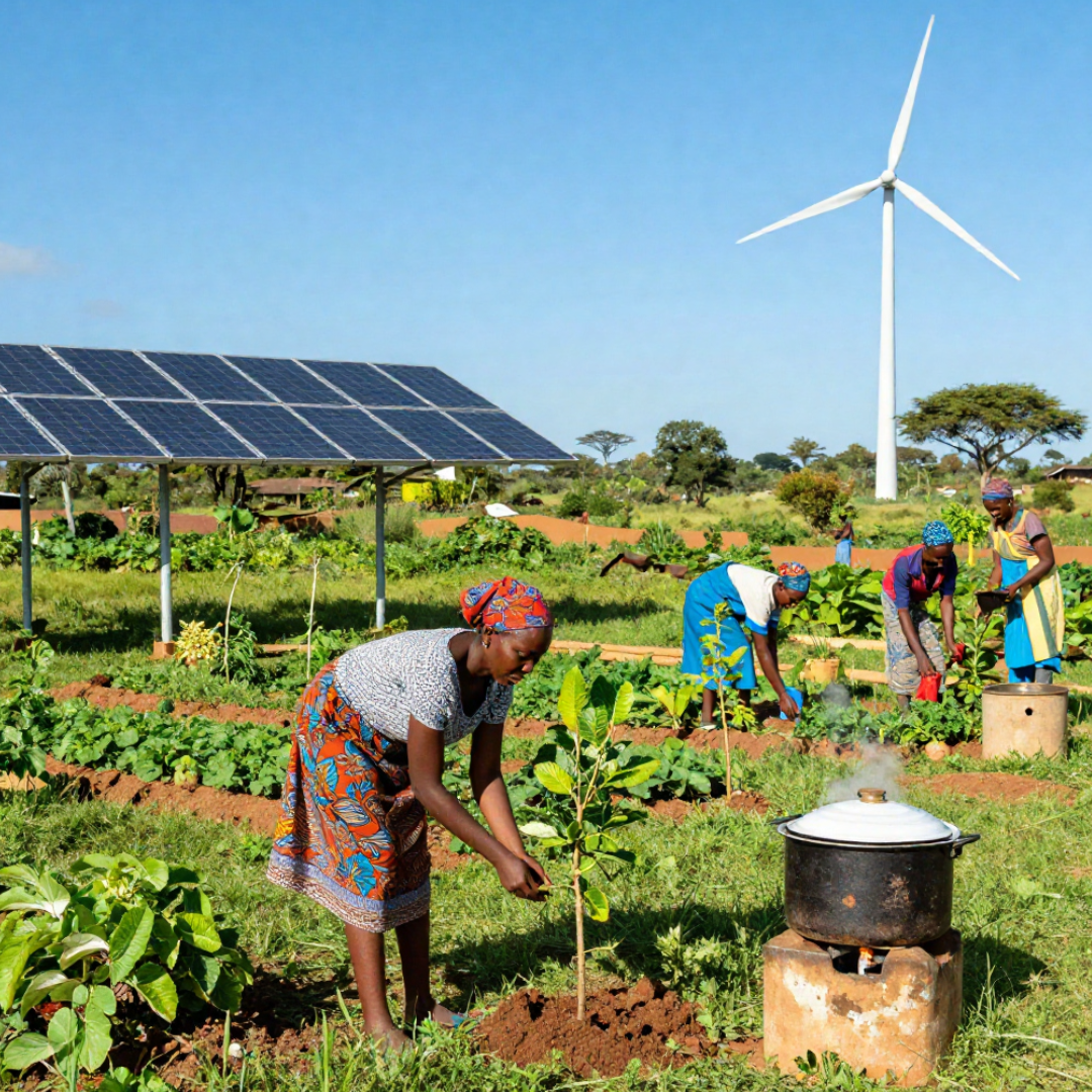 Rural woman using a clean cookstove with solar panels and a solar dryer in the background
