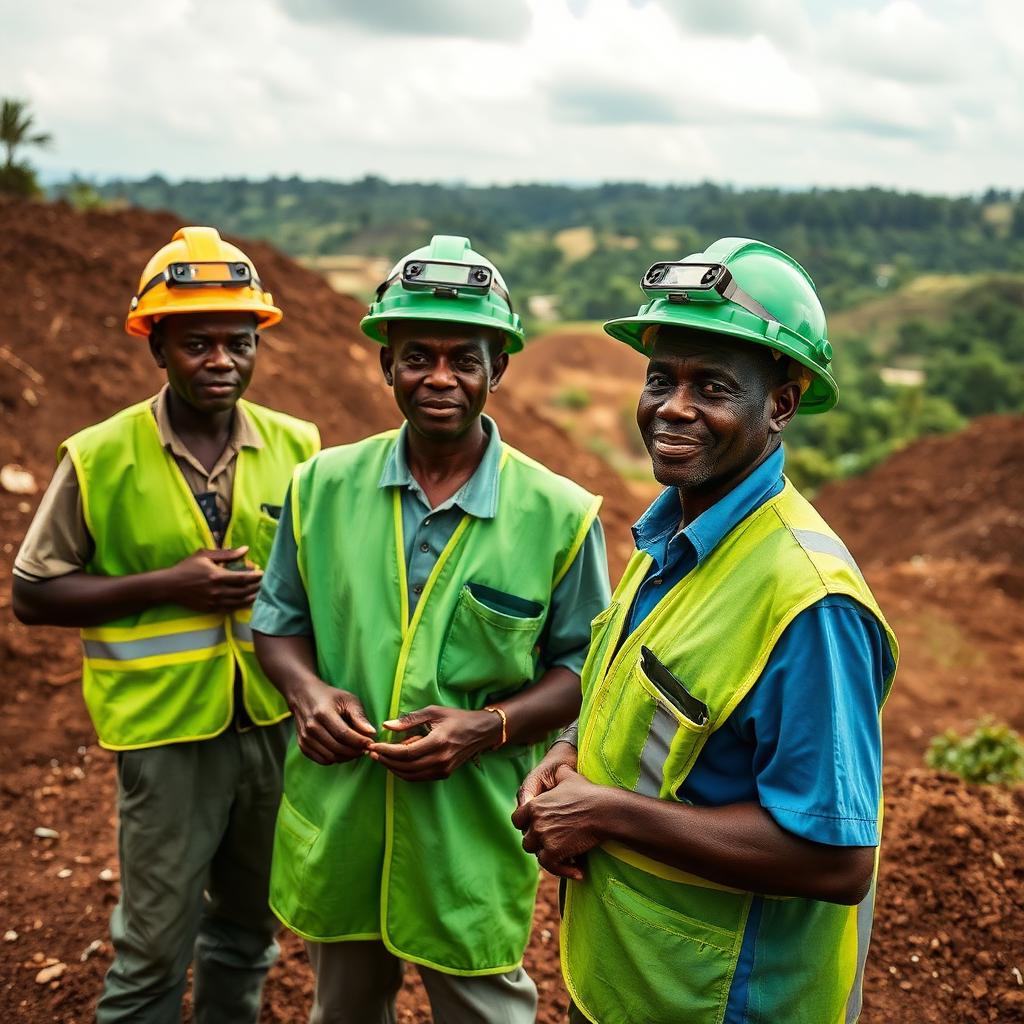 Adult mine workers in safety gear at a responsible small-scale mining site with reforestation