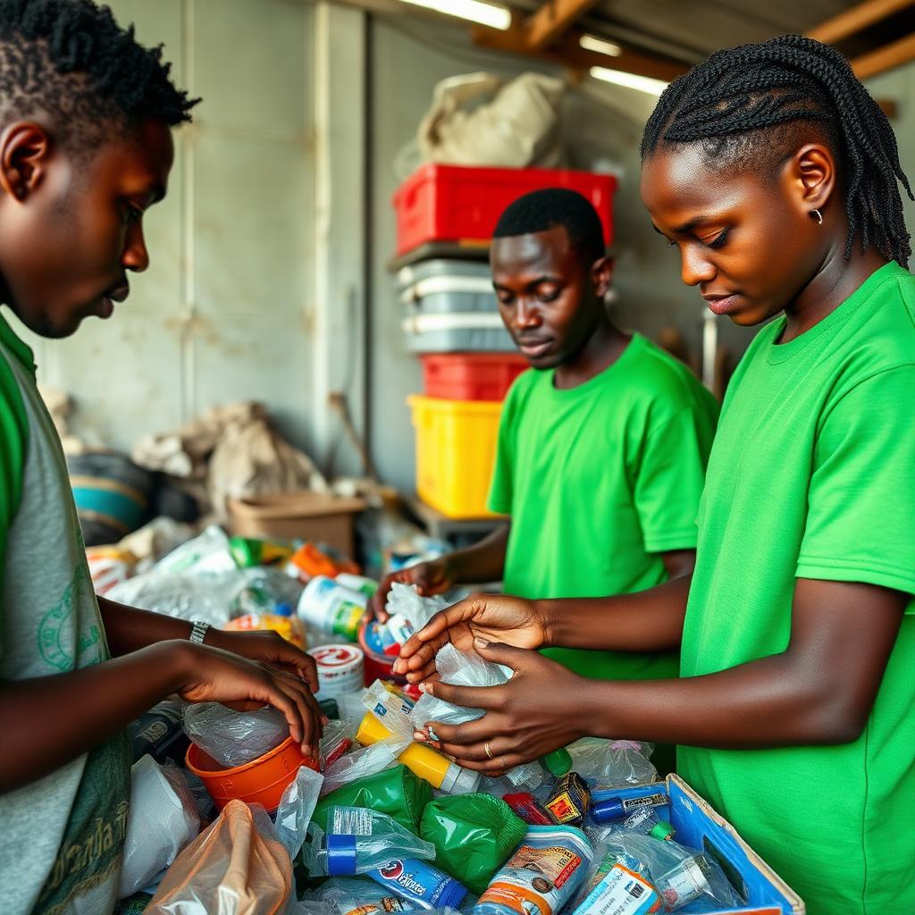 Ghanaian adult entrepreneurs sorting plastic waste for recycling
