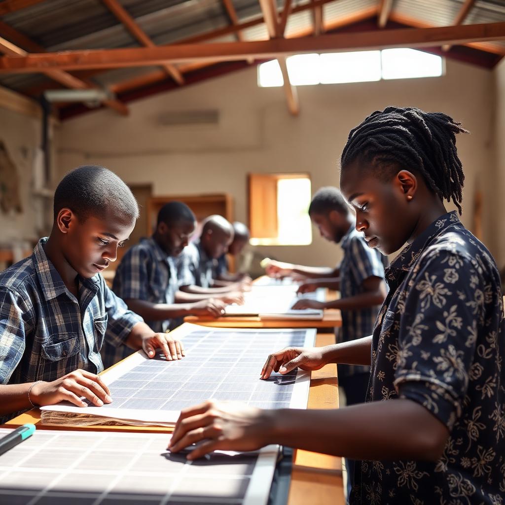 Young African trainees learning solar installation and vocational skills in a Ghana workshop